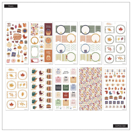 Favorite Season sticker sheet overview with autumn artwork, planning boxes, circular labels and floral patterns