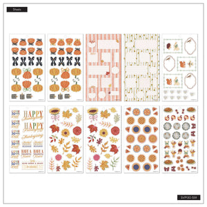 Favorite Season sticker sheet overview with pumpkins, bows, autumn leaves, quotes and planning boxes