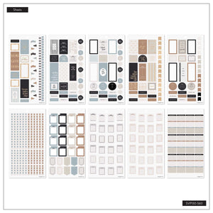 Fitness sticker sheets with tracking boxes, labels, date numbers and neutral planning accents