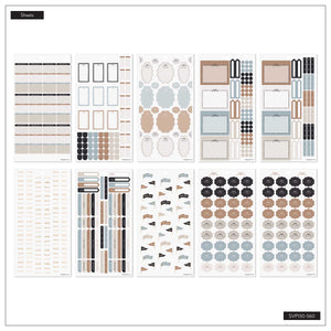 Mini fitness sticker sheets with water trackers, boxes, strips, icons and workout labels