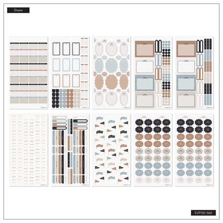 Mini fitness sticker sheets with water trackers, boxes, strips, icons and workout labels