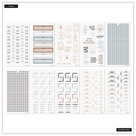 Haven & Heart Fitness stickers with workout prompts, motivation, tracking bars, patterns and bows