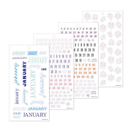Essential Year sticker sheets with January headers, dates, calendar labels and floral designs