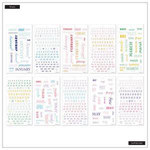 Essential Year January to May sticker sheets with pastel month names and numbered dates