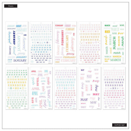 Essential Year January to May sticker sheets with pastel month names and numbered dates