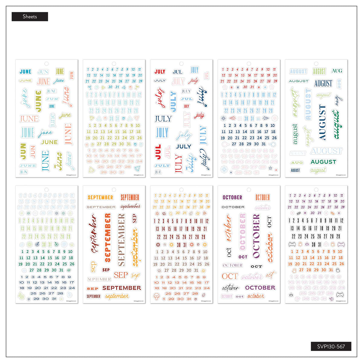 Happy Planner Essential Year June to October sticker sheets with month names, calendars and date dots