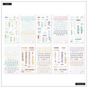 Happy Planner Essential Year June to October sticker sheets with month names, calendars and date dots