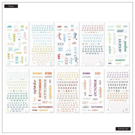 Happy Planner Essential Year June to October sticker sheets with month names, calendars and date dots