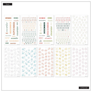 Essential Year November and December sticker sheets with calendar labels, date dots and decorative flowers