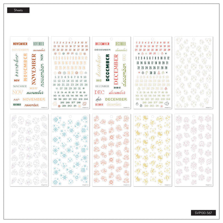 Essential Year November and December sticker sheets with calendar labels, date dots and decorative flowers