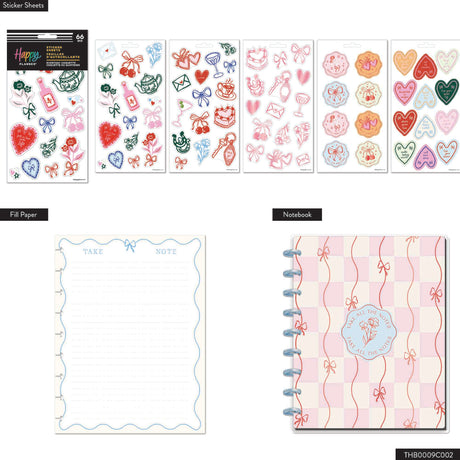 Sticker sheets and a notebook with decorative designs on a white background