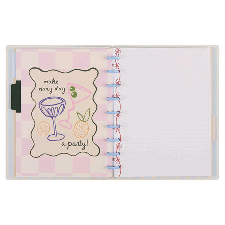 Notebook with a colorful cover featuring a cocktail and pineapple design, text 'make every day a party!', on a white background.