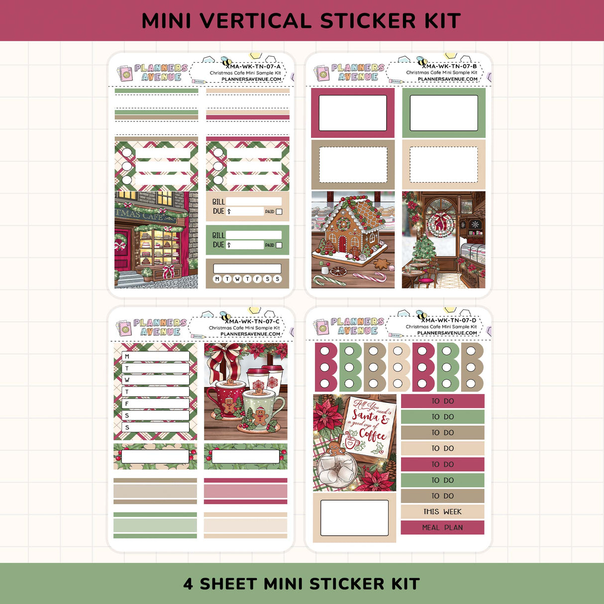 Mini vertical sticker kit with chrstimas coffee themed sticker designs on a white background