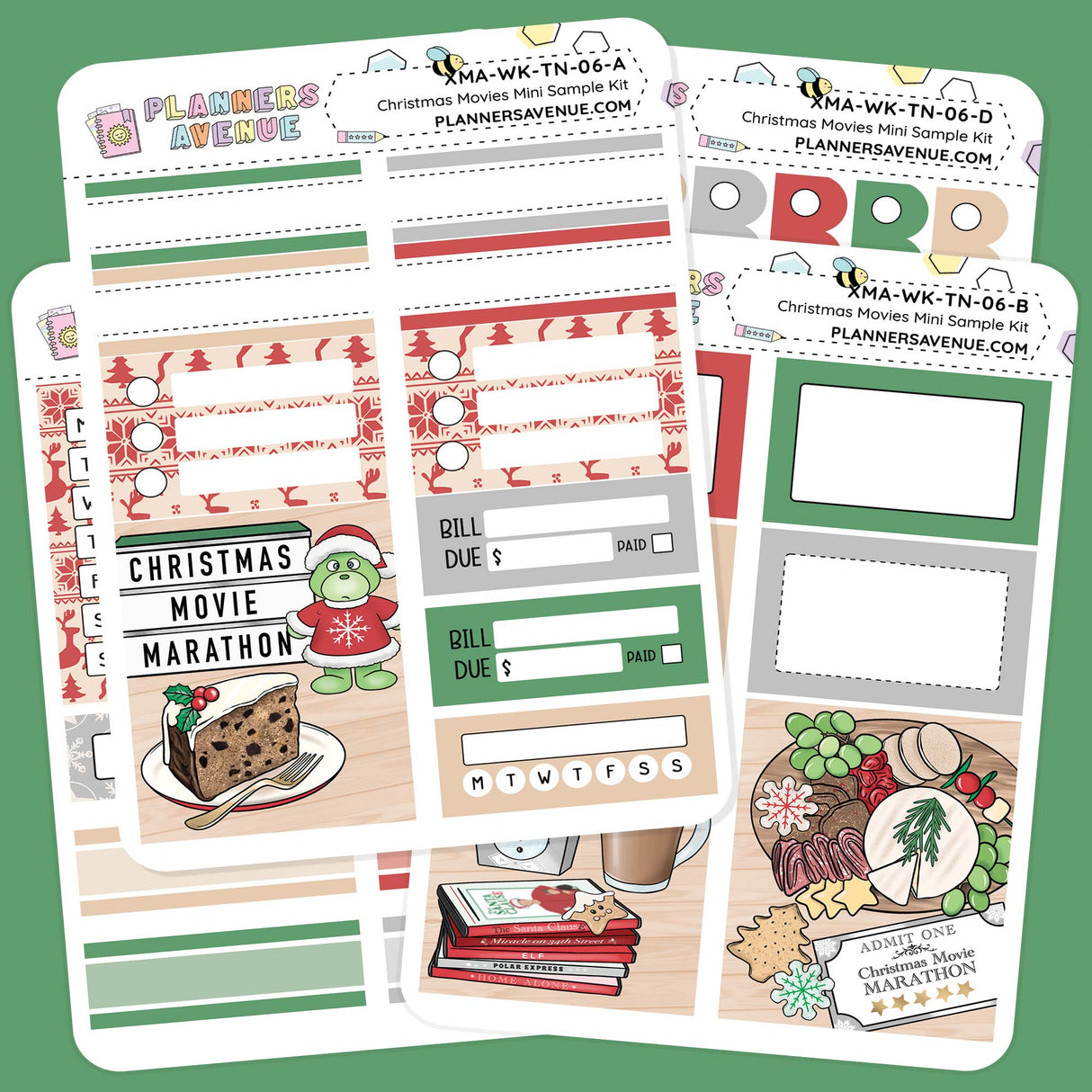 Christmas Movies Mini Sampler Weekly Sticker Kit - Set of Christmas-themed planner stickers with various designs on a green background.
