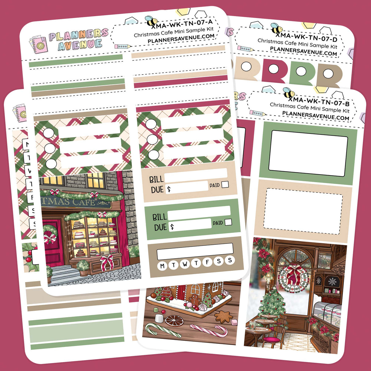 Christmas Cafe Mini Sampler Weekly Sticker Kit with Christmas Cafe themed planner stickers with a pink background