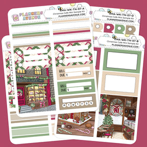 Christmas Cafe Mini Sampler Weekly Sticker Kit with Christmas Cafe themed planner stickers with a pink background