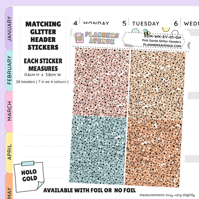 Pink Sands Glitter Header Planner Stickers