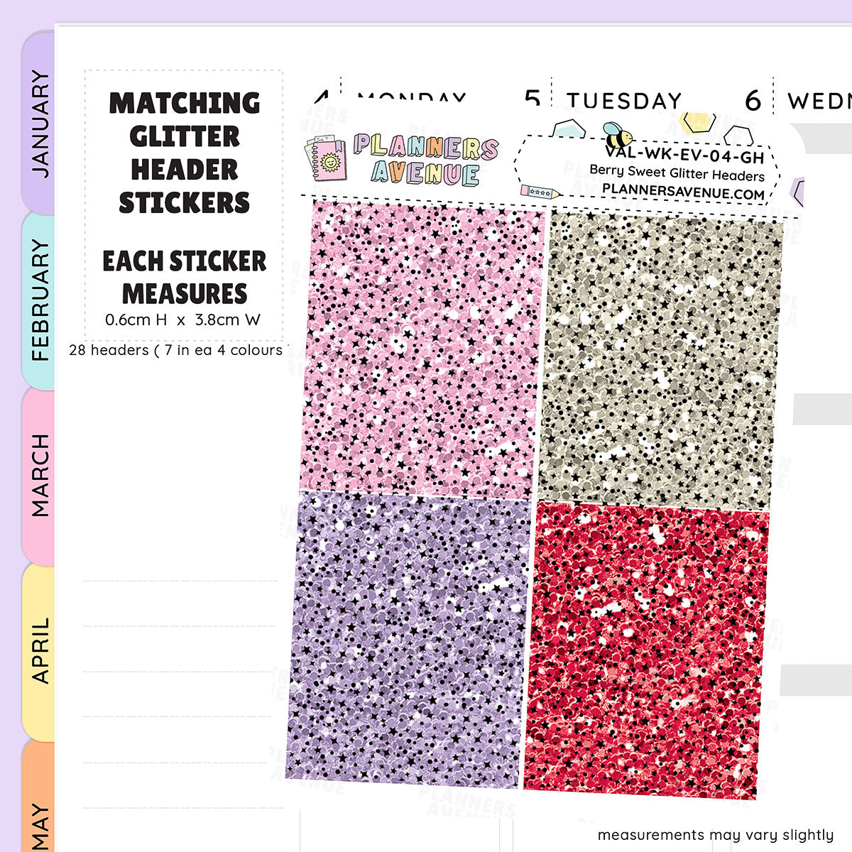 Berry Sweet Glitter Header Planner Stickers