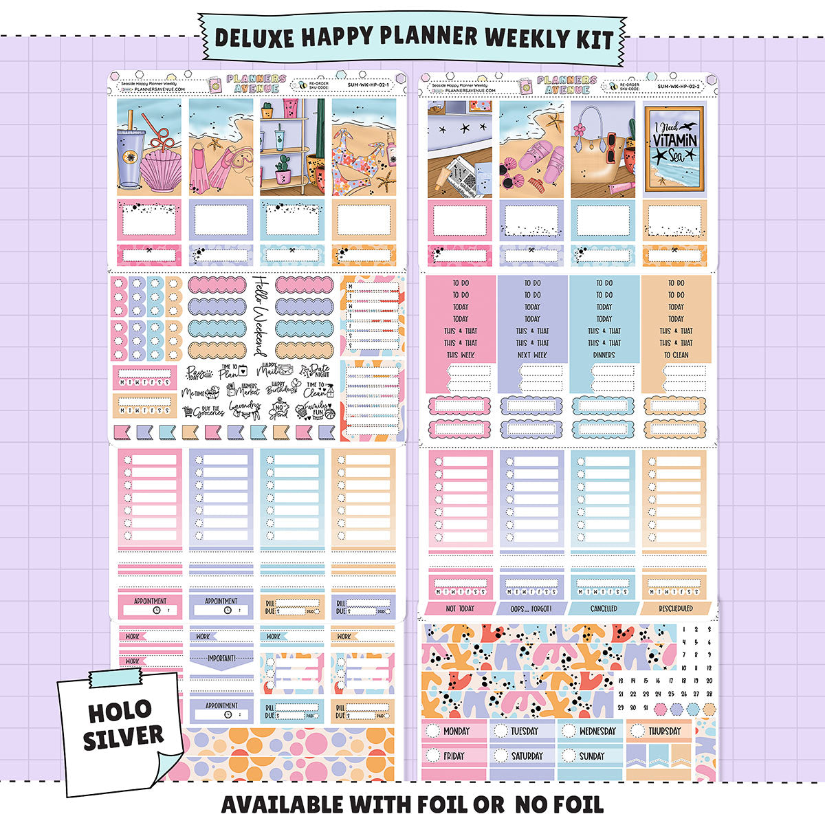 Seaside Happy Planner Weekly Sticker Foiled Kit (HOLO SILVER FOIL)