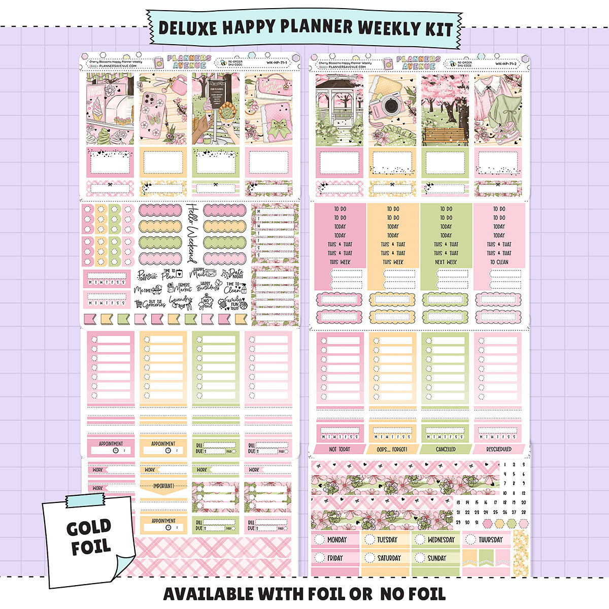 Cherry Blossoms Happy Planner Weekly Sticker Foiled Kit (GOLD FOIL)