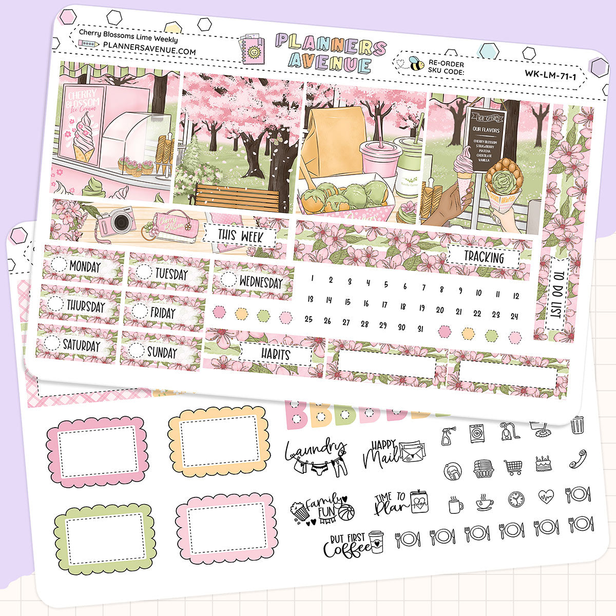 Cherry Blossoms Lime Weekly Planner Sticker Foiled Kit