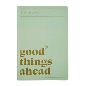 Erin Condren Travel Journal Petite Planner - Mantra Mint green travel journal with 'good things ahead' text on a white background