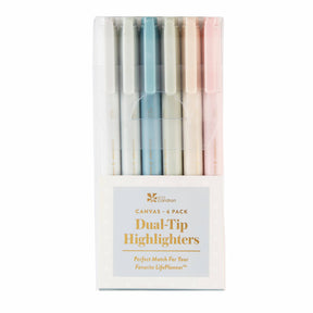 Erin Condren Canvas Asterisk Dual-Tip Highlighters. Set of six pastel-colored dual-tip highlighters in a clear plastic case on a white background.