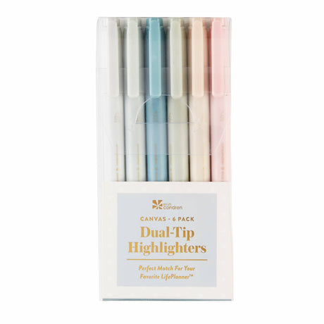 Erin Condren Canvas Asterisk Dual-Tip Highlighters. Set of six pastel-colored dual-tip highlighters in a clear plastic case on a white background.