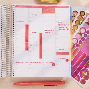 Erin Condren sticker book: Open decorated planner beside sticker sheets