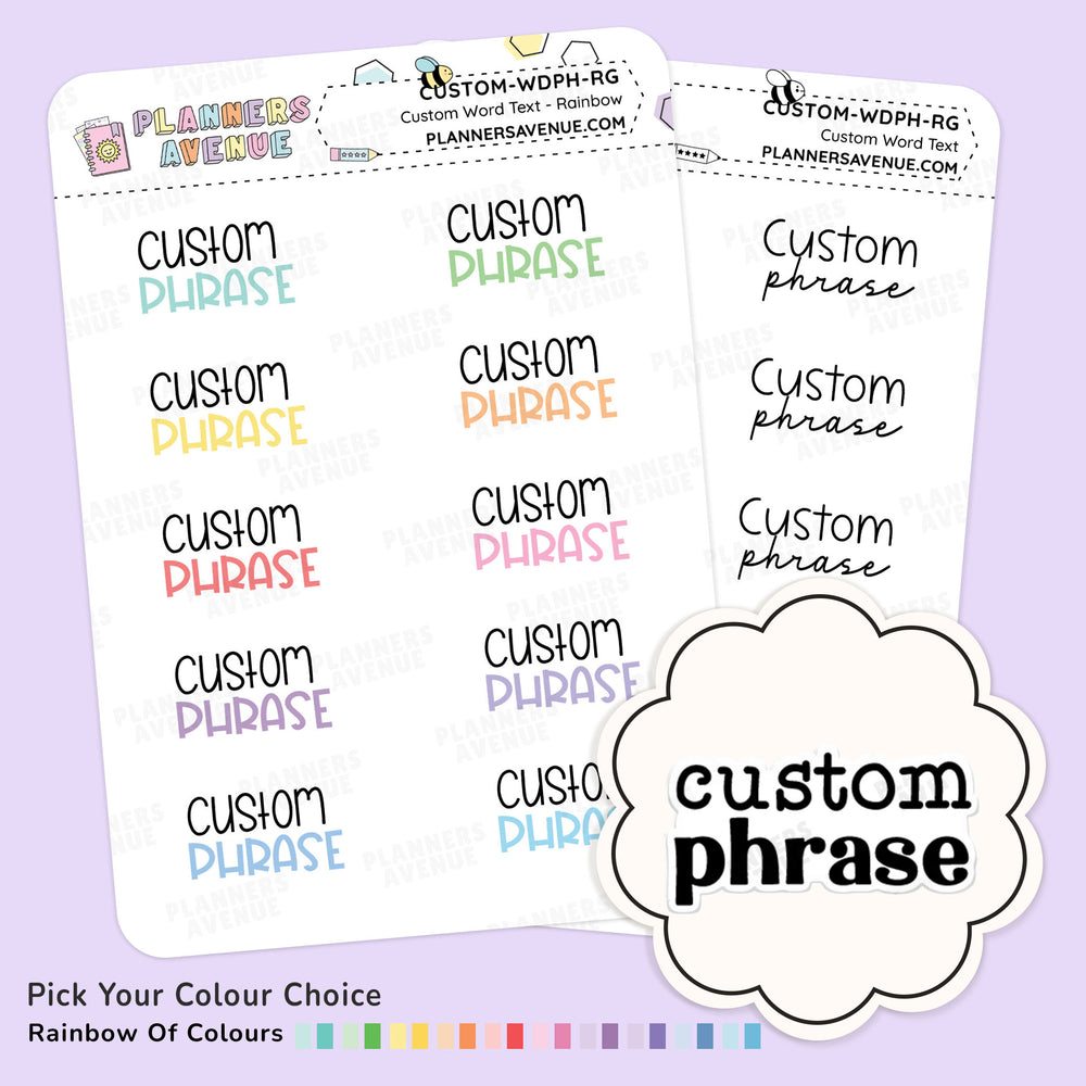 Custom Script Word Planner Stickers from Planner Avenue featuring the choice of text word n various colours, displayed on a light purple background.