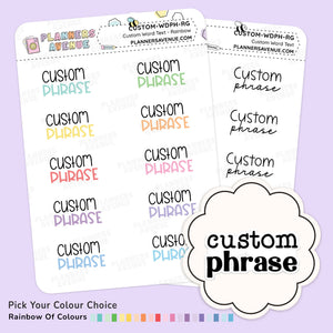 Custom Script Word Planner Stickers from Planner Avenue featuring the choice of text word n various colours, displayed on a light purple background.