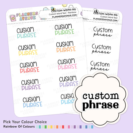 Custom Script Word Planner Stickers from Planner Avenue featuring the choice of text word n various colours, displayed on a light purple background.