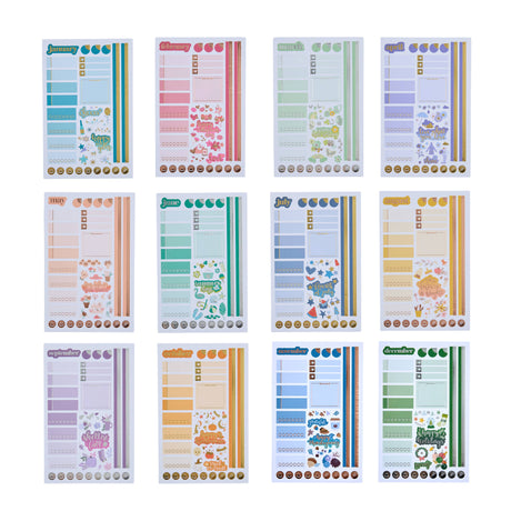 Set of colorful planner stickers with various designs on a white background