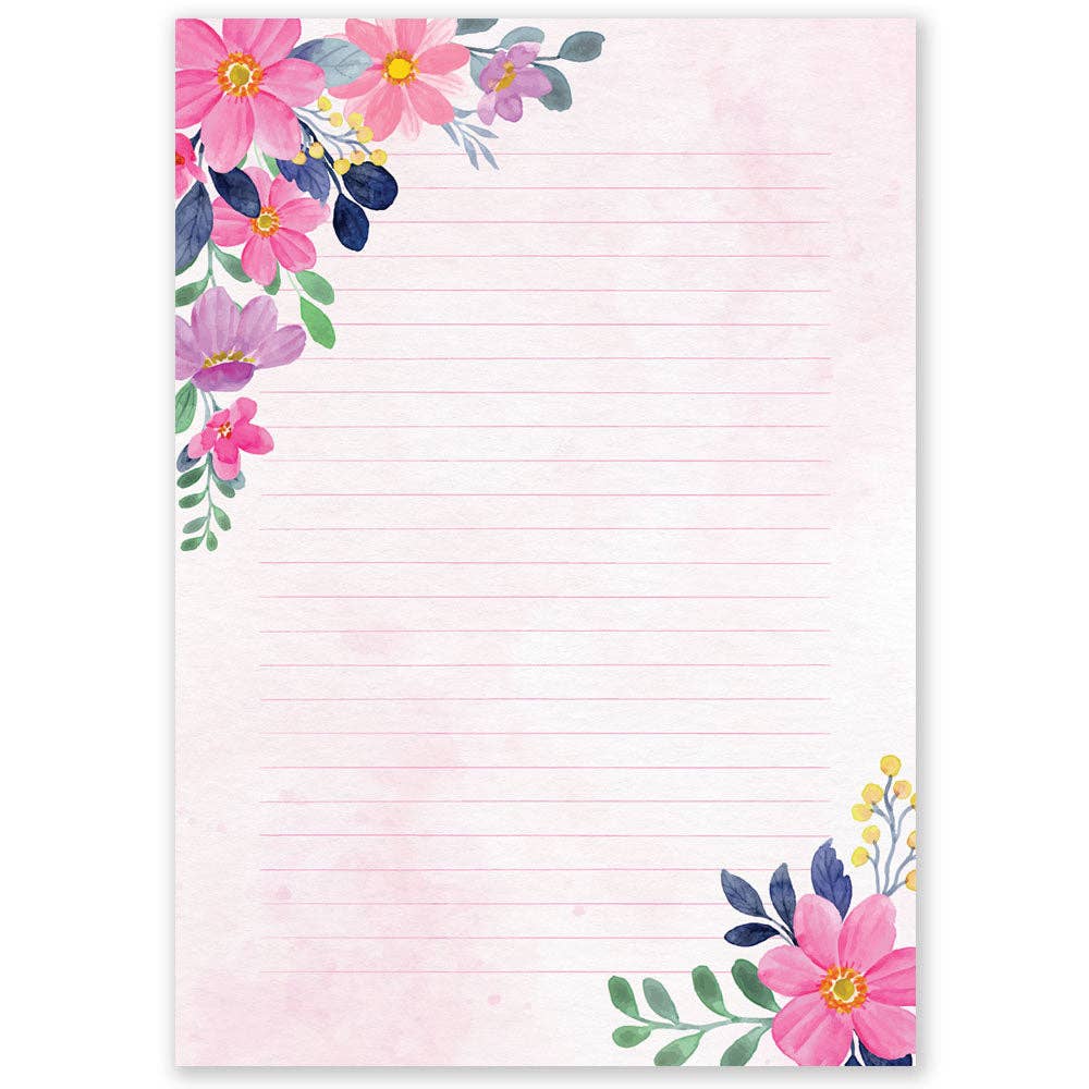 A5 Pink Watercolour Flowers Notepad - Double Sided Letter Paper