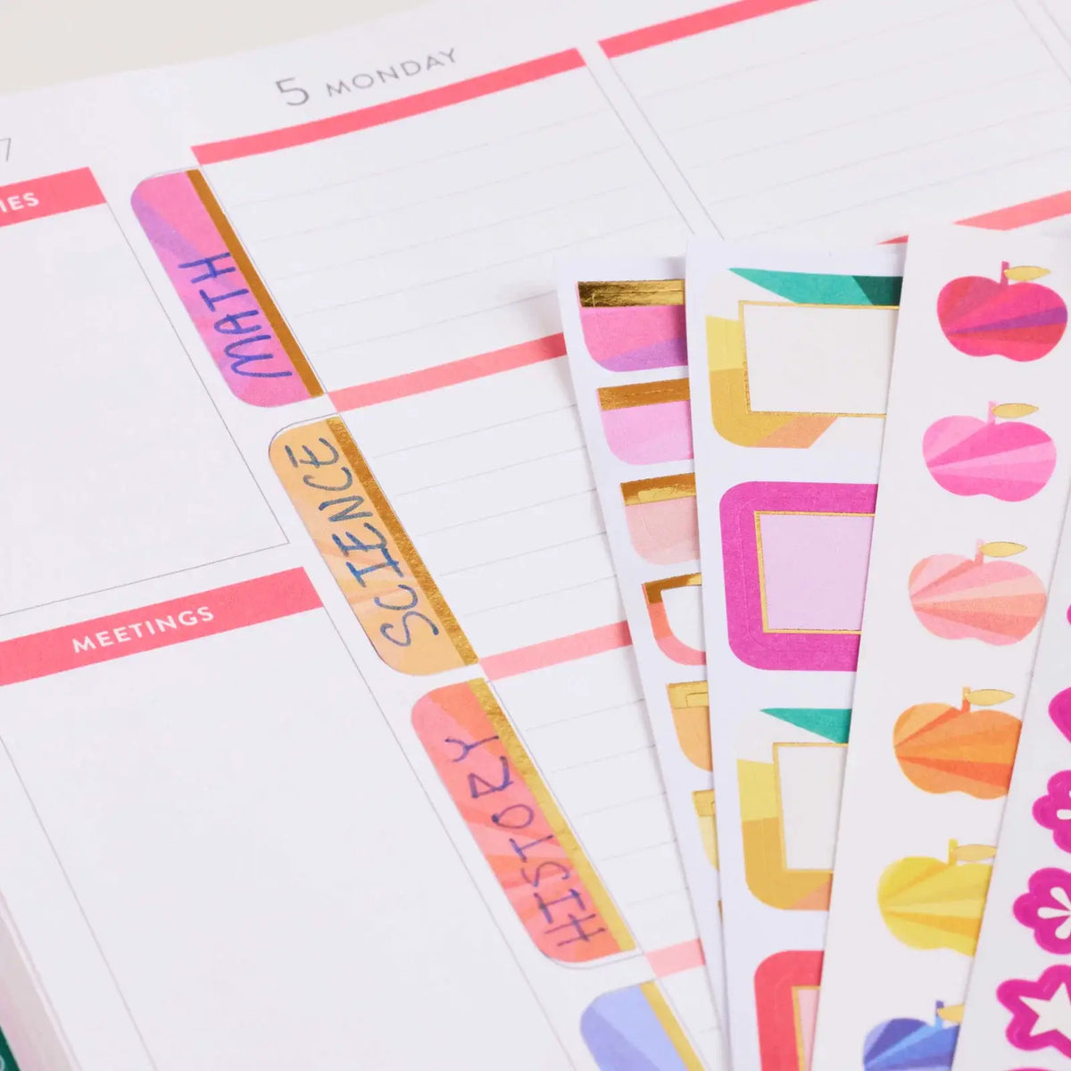 Erin Condren sticker book: Close-up of labels and icons on sticker sheets