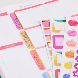 Erin Condren sticker book: Close-up of labels and icons on sticker sheets