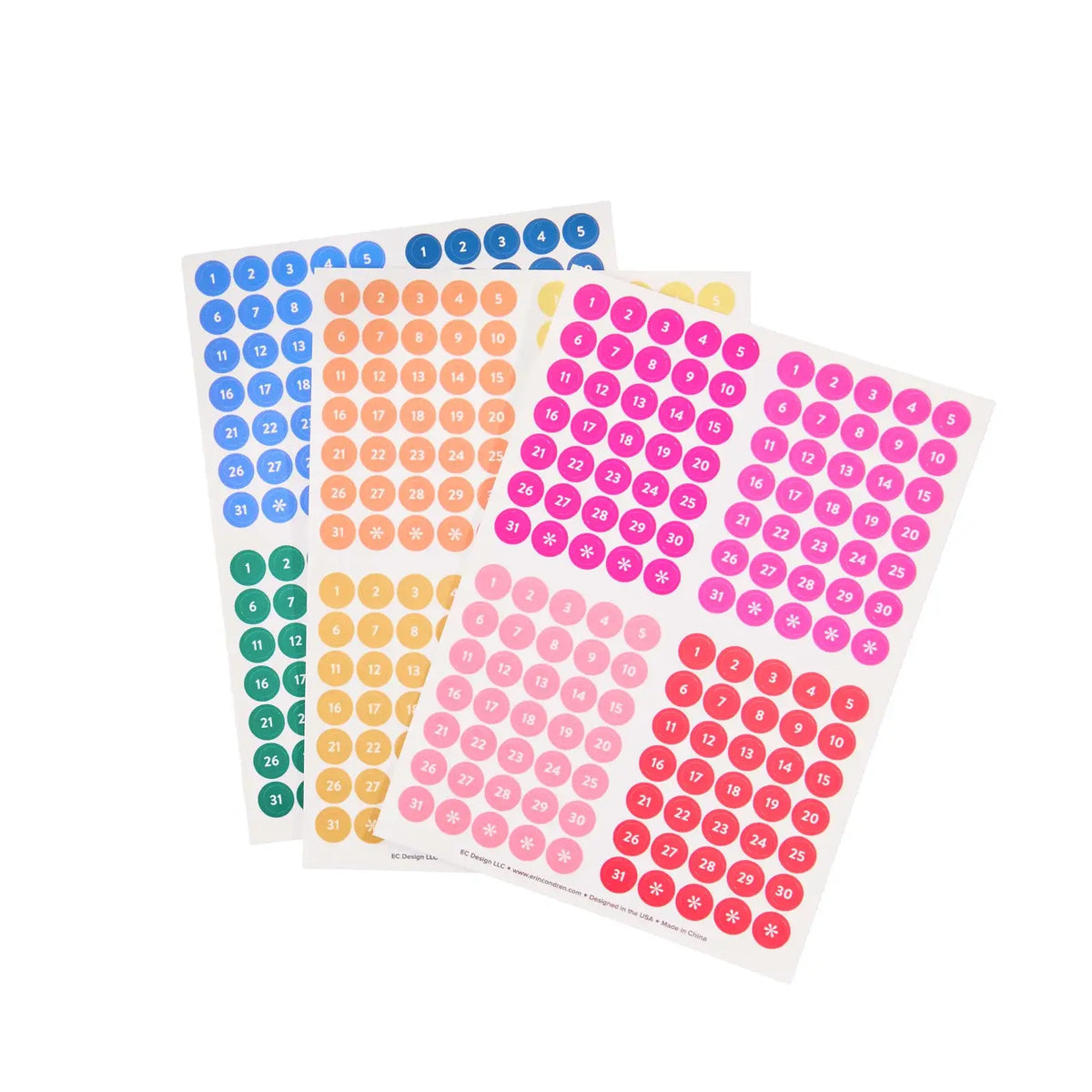 Erin Condren Bright Colourful Date Dots: Three sheets of colourful numbered clear date dots