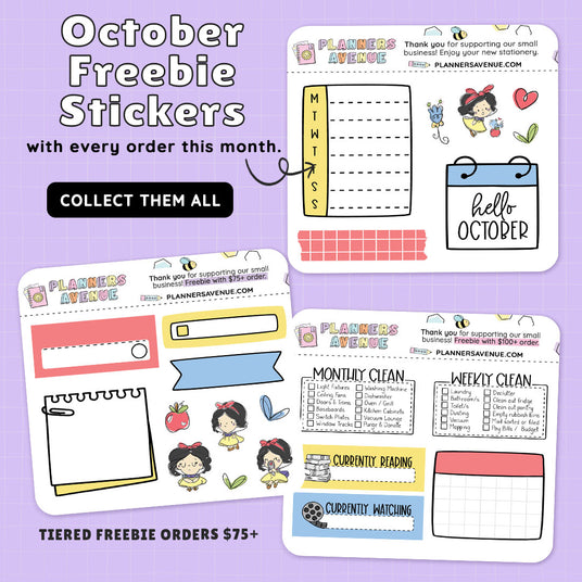 October Freebie planner stickers with every order at Planners Avenue, with planner-themed designs on a purple background