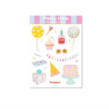 Party Time Sticker Sheet with pastel pink and yellow balloon, cupcake, tinsel banner, wrapped gifts, party poppers and lollies