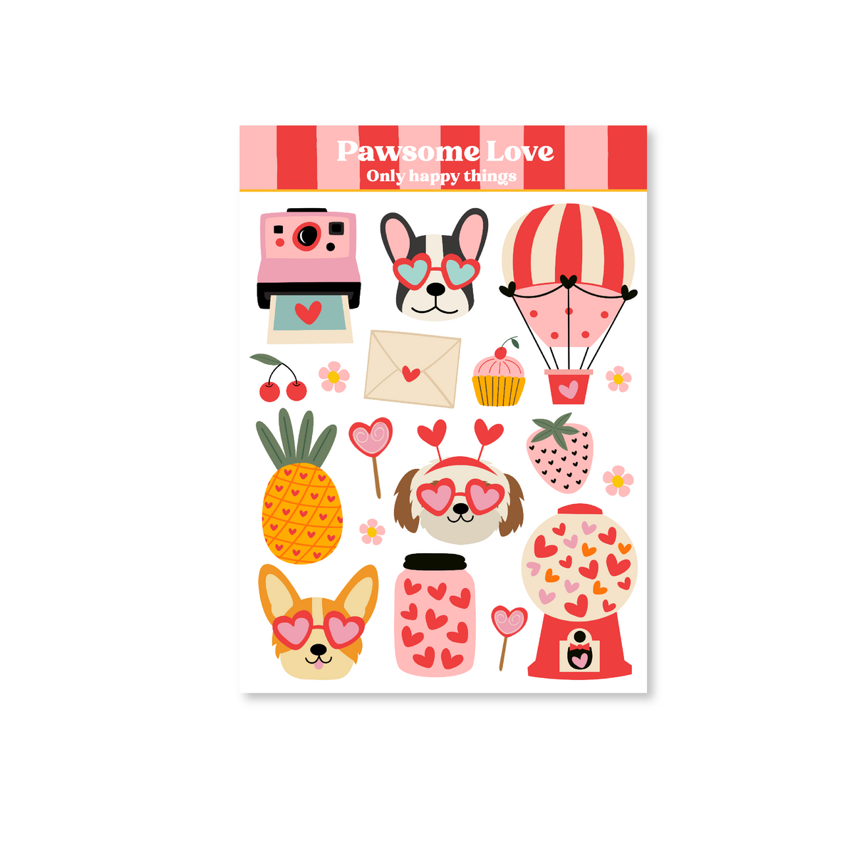 Pawsome Love Sticker Sheet with cartoon dogs, love hearts, hot air balloon, polaroid camera, gumball and lollipops in colours pink, red, orange and cream