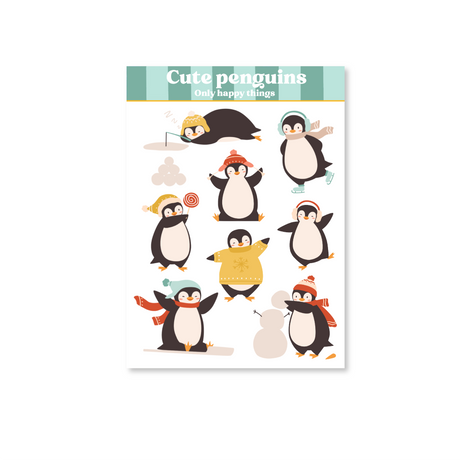 Cute Penguins Sticker Sheet with cartoon penguins wearing winter clothes doing winter activities