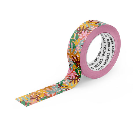 Forest Carpet Washi Tape by Pipsticks autumn vibrant leaves scattered over a pastel pink background
