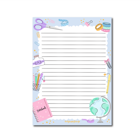Stationery A5 Notepad border surround with stationery scissors, washi tape, paper clips, pen cup, notebook, pens and world globe