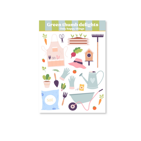 Green Thumb Delights Sticker Sheet with vegetable plants and gardening tools