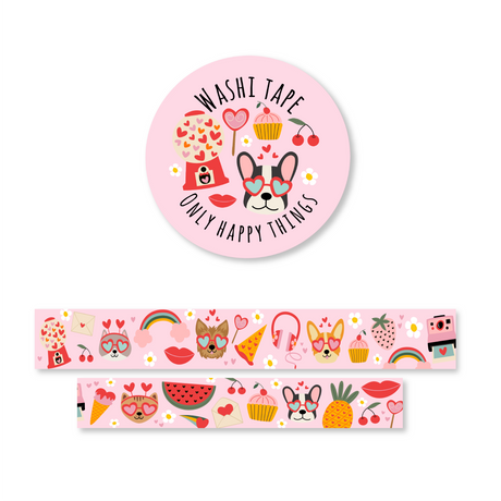 Pink Valentine Washi Tape - Decorative pink washi tape with playful animals and hearts.