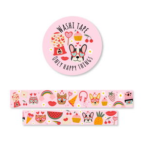 Pink Valentine Washi Tape - Decorative pink washi tape with playful animals and hearts.