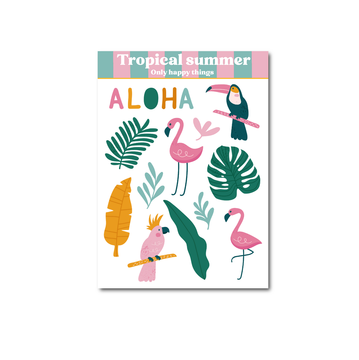 Tropical Summer Sticker Sheet with palm trees, flamingo, parrots, leaf's and aloha slogan