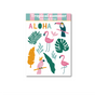 Tropical Summer Sticker Sheet with palm trees, flamingo, parrots, leaf's and aloha slogan