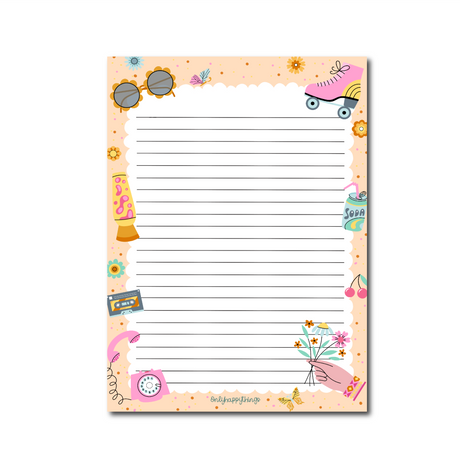 Retro A5 Notepad border with cartoon illustrated disc ball, roller skates, lava lamp, phone, record, tape cassette, and flowers in shades of pink, yellow, brown and orange
