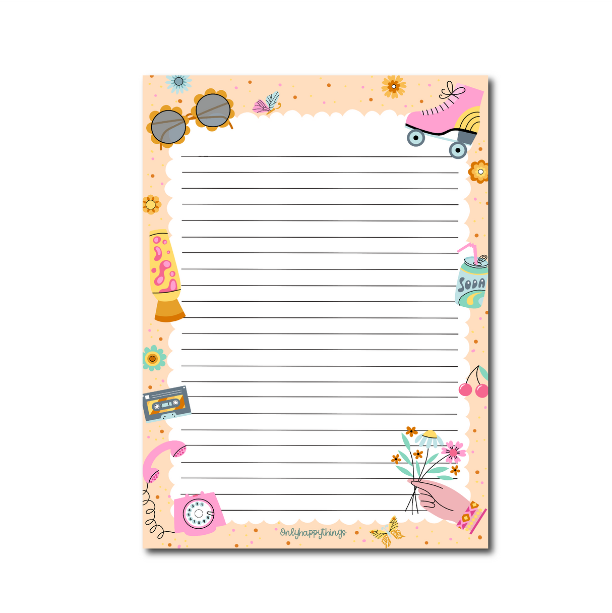 Retro A5 Notepad border with cartoon illustrated disc ball, roller skates, lava lamp, phone, record, tape cassette, and flowers in shades of pink, yellow, brown and orange